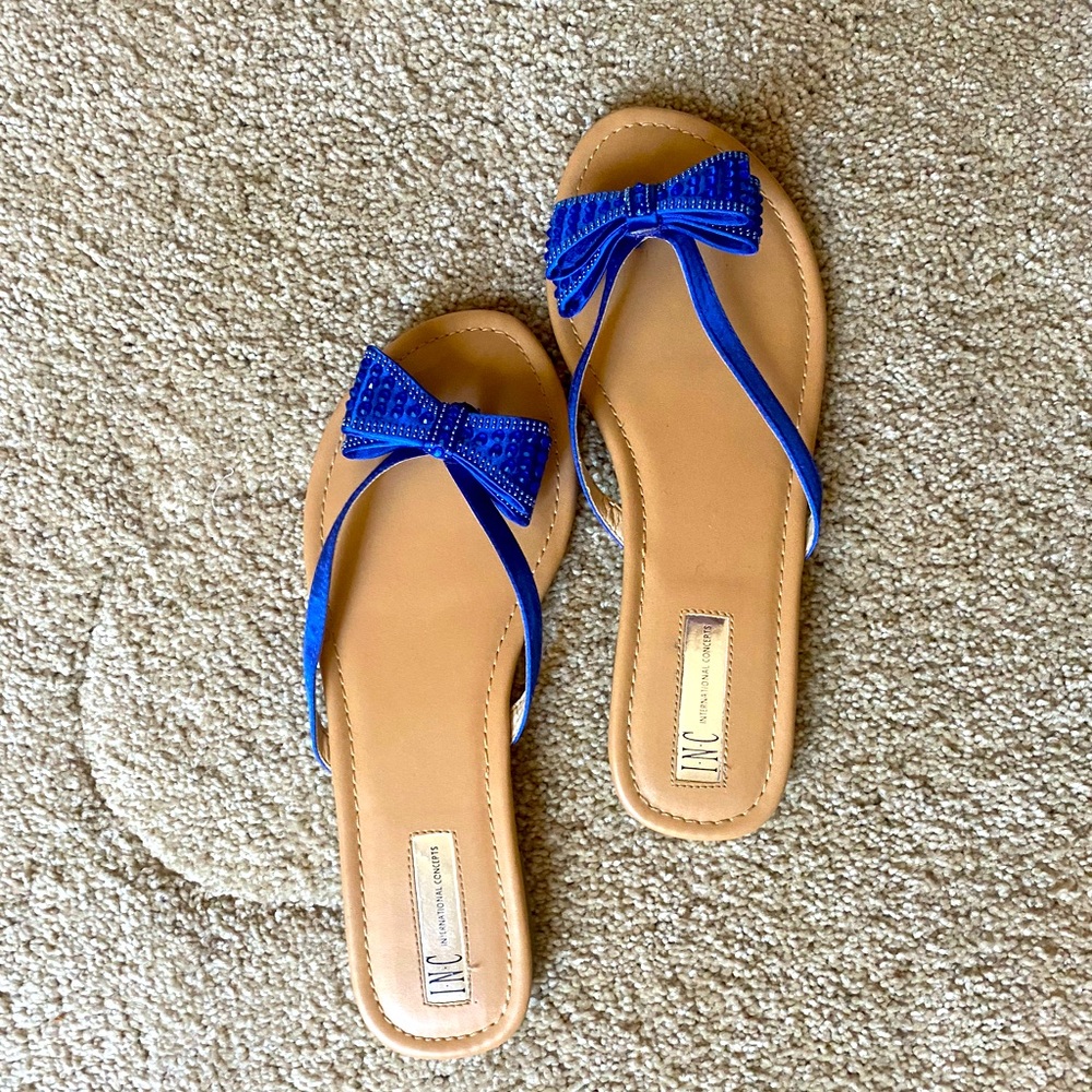 Royal blue satin and beaded bow INC sandal/flip flop. Size 8. Great for weddings